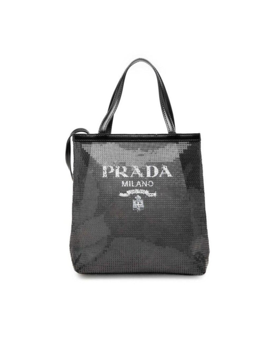 Prada Logo Tote Bag Black Sequin Leather Mesh